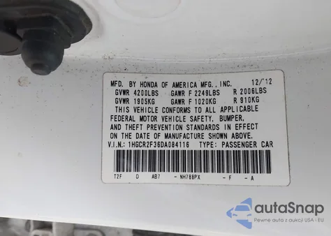 2013 Honda Accord Lx z USA, uszkodzony, nr VIN 1HGCR2F36DA084116